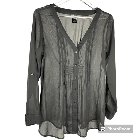 WET Seal Sheer Black Button Up Long Sleeved Blouse Gathering on Back - Picture 1 of 9
